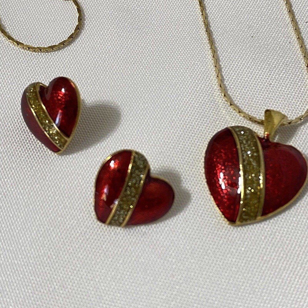 Vintage Heart Pendant Necklace & Earrings Red Enamel Signed ROYAL 15" Chain - Picture 2 of 4